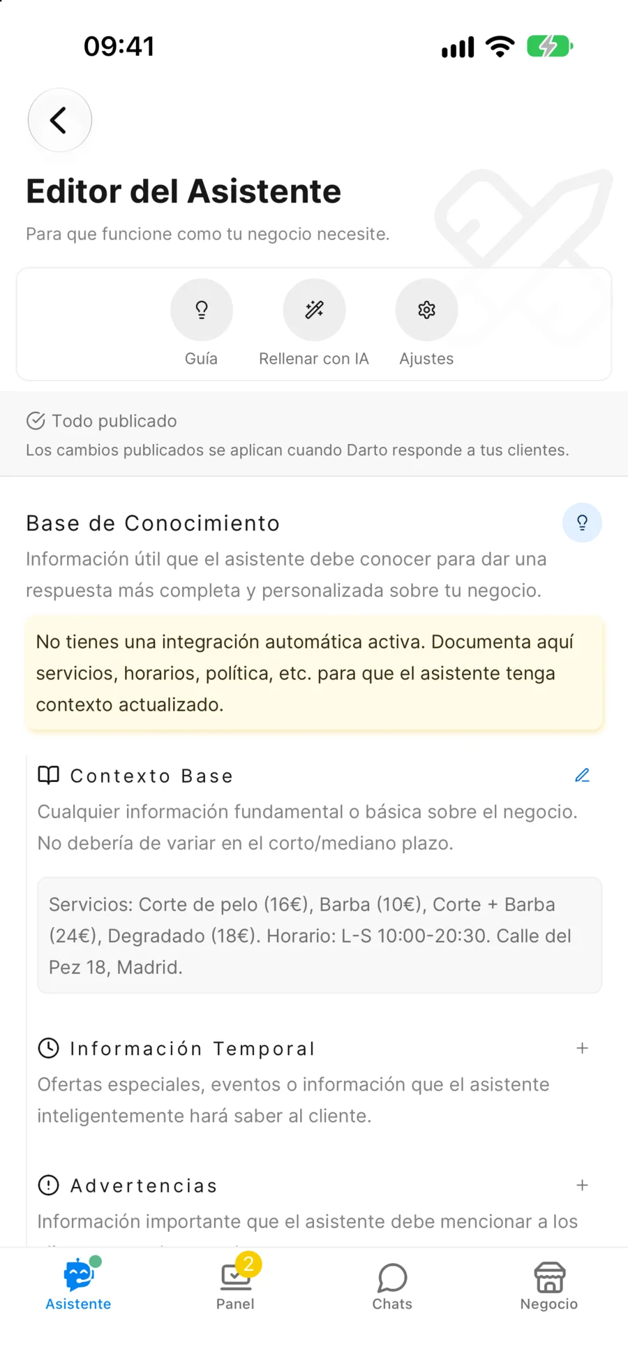 Editor del asistente en la app
