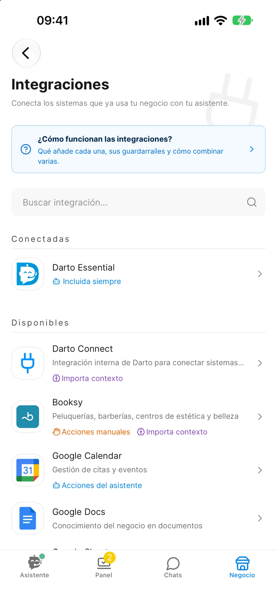 Pantalla de integraciones de Darto: Darto Essential, Darto Connect, Booksy, Google Calendar