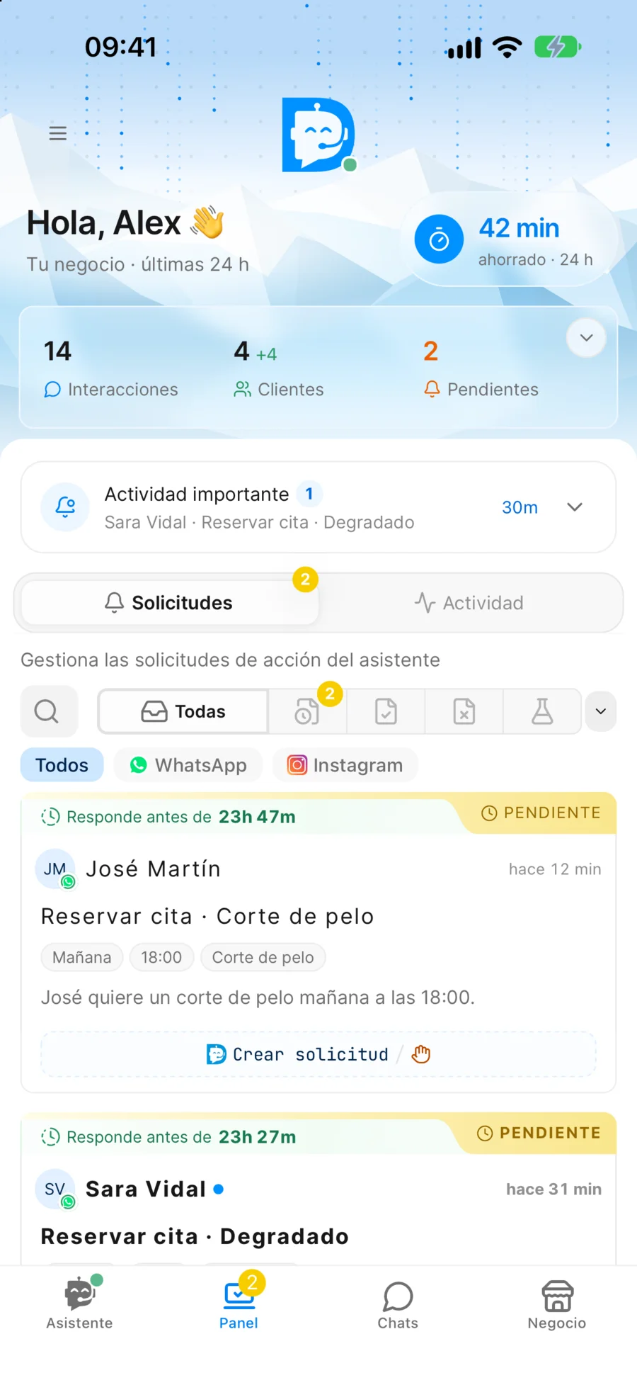 Panel de Darto en el móvil con las solicitudes del asistente